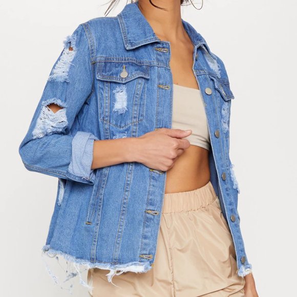 PrettyLittleThing Abegaila Distressed Oversized Jacket - Picture 3 of 5